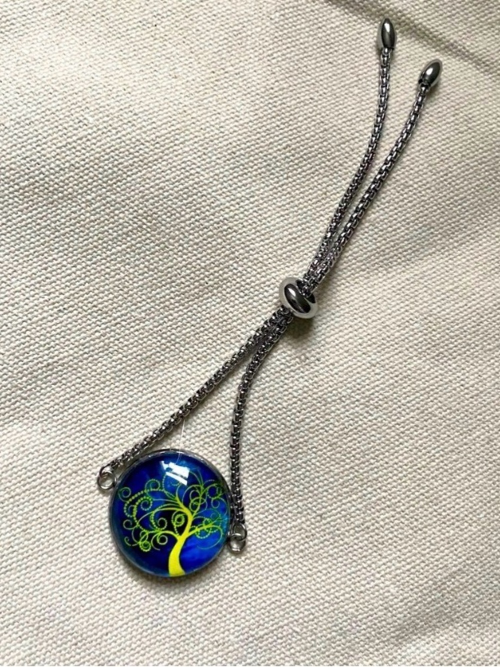 Silver-Tone Blue & Lime Tree Pendant Adjustable Bracelet - Handmade